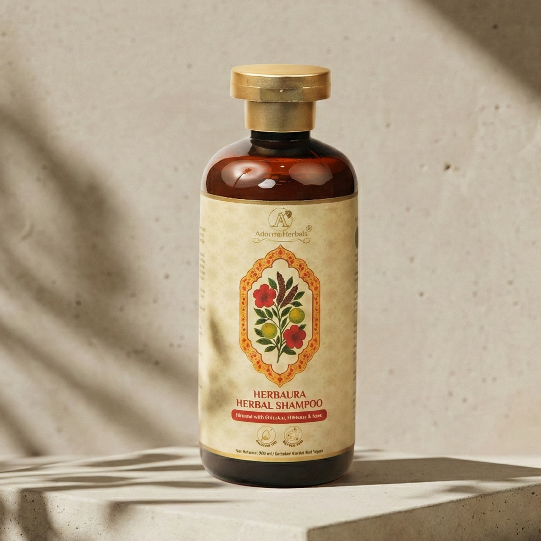 Herbal shampoo bottle with decorative label on a neutral background